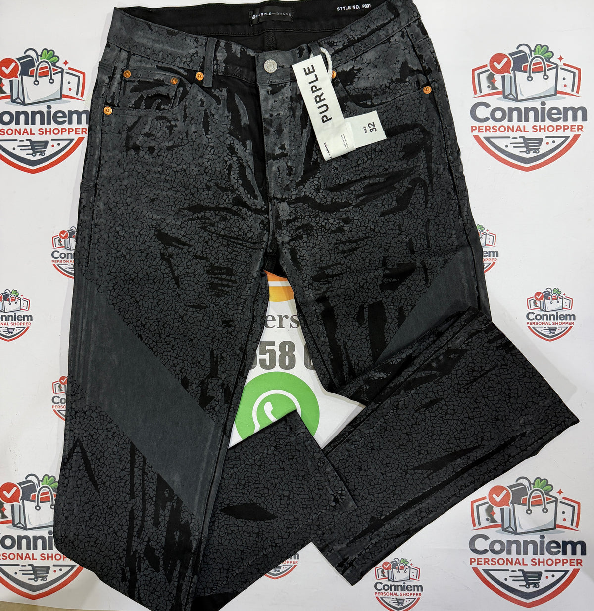 Purple Brand Black Crackle Print Wax Denim Jeans