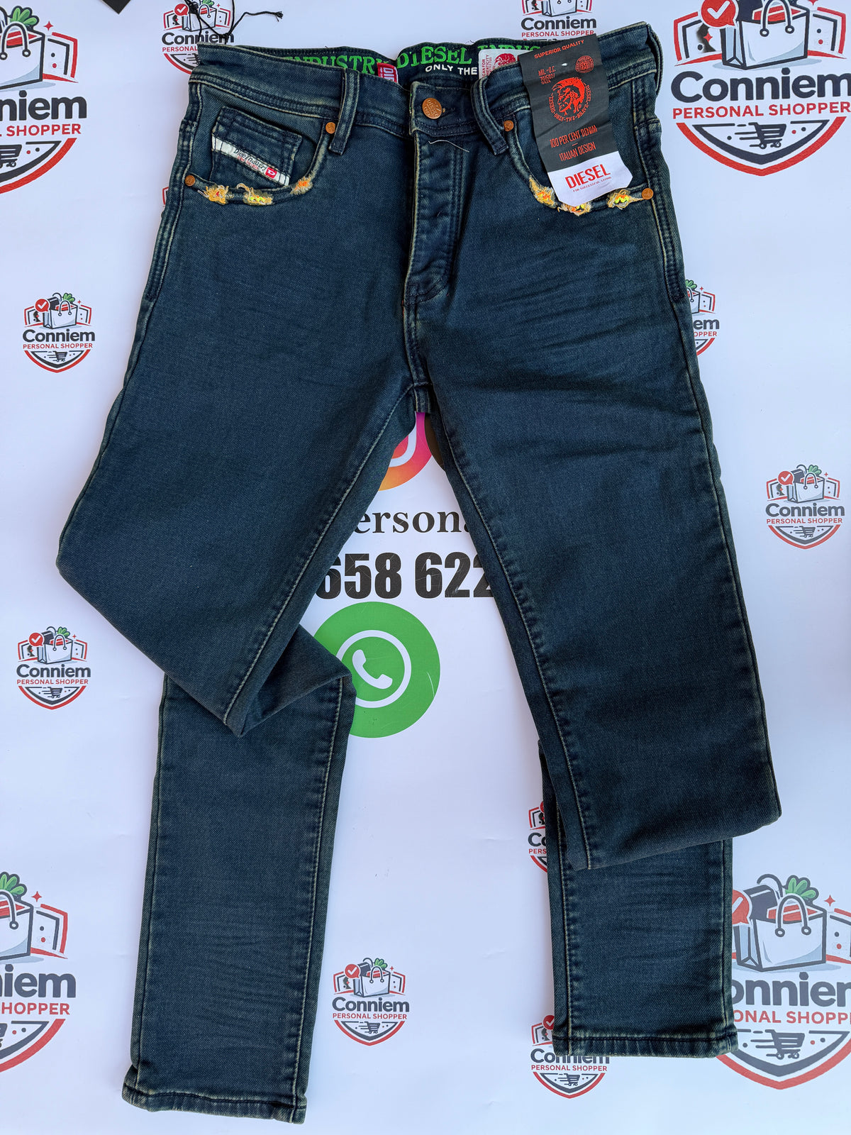 Diesel Dark Blue Denim Jeans distressed yellow pocket